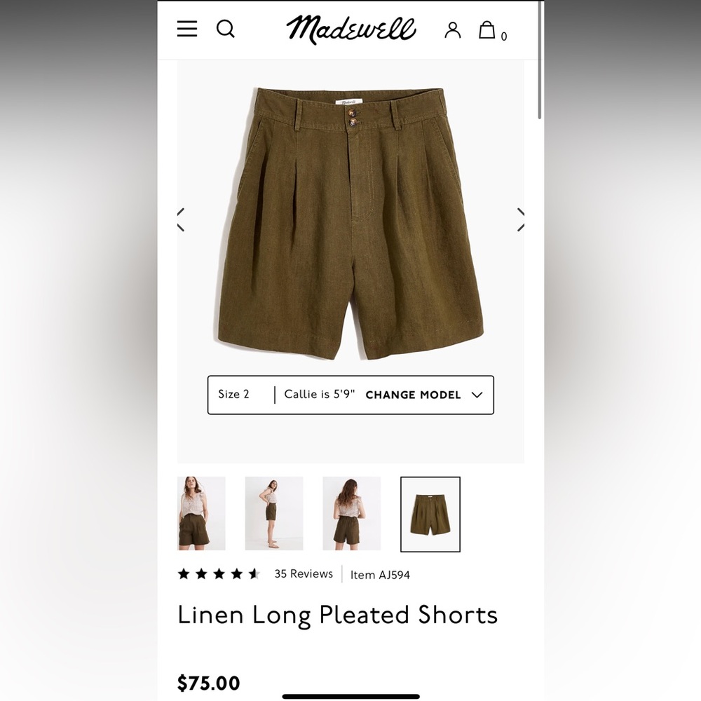 Madewell Long Pleated Linen Shorts Size 4